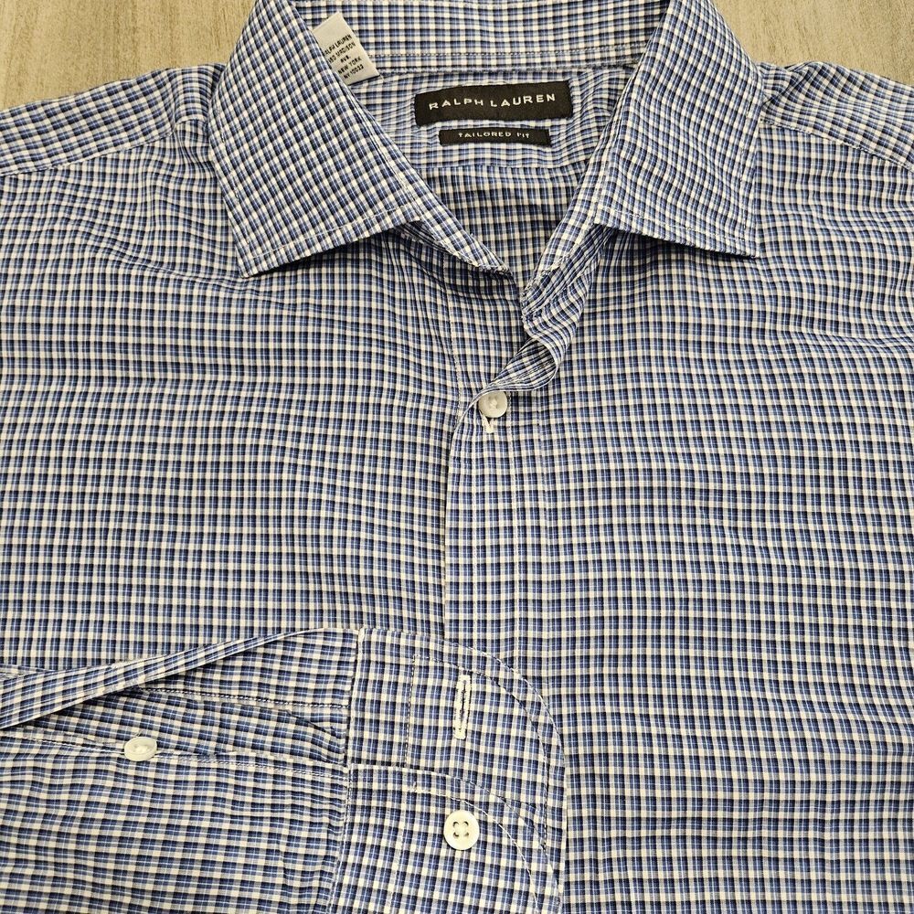 RALPH‎ LAUREN BLACK LABEL Sz 16 Blue Check Shirt - Made in Italy 100% Cotton